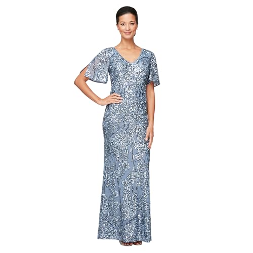 Image of Alex Evenings Women's Long Mother of The Bride Sequin Dress with Cold Shoulder Flutter Sleeves (Petite and Regular Sizes)