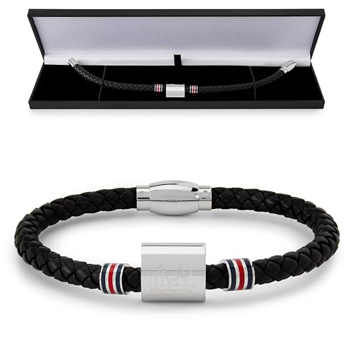 Official Club Merchandise Rangers FC Crest Bracelet, Stainless Steel and Black Leather with Coloured Rings, Official RFC Gift