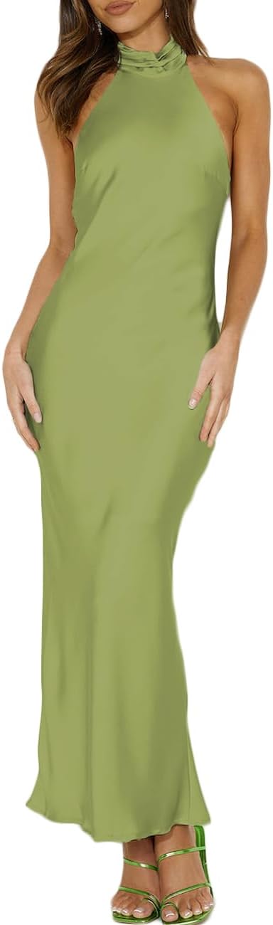 Phicia Sexy Satin Halter Neck Backless Maxi Dress for Women Elegant Tie Cowl Back Formal Wedding Guest Dress for Summer Medium Olive