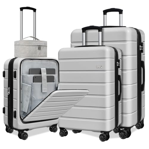 Image of KEYTANG SmileLine 3-Piece Luggage Set Lightweight Hardside Suitcase TSA Lock Spinner Wheels, 20 inch Expandable Carry-On Luggage with Quick Access Front Open Pocket, Bonus Makeup Bag,Silver