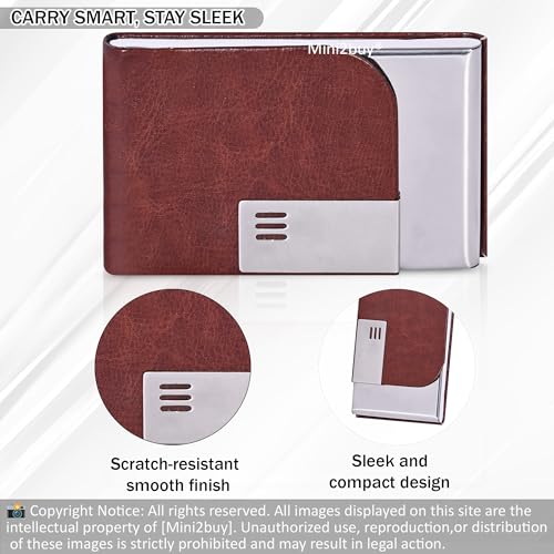 Image of Luxurious Unisex Pocket Card Holder Brown PU Leather Stainless Steel 15-20 Business Card and 5-8 Debit Credit Card Ultrathin RFID Blocking Corporate Gift for Employee 9.5 x 6.5 x 1.2 cm