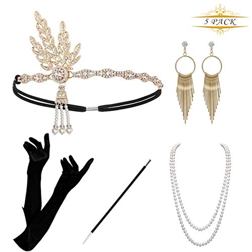 Preisvergleich Produktbild KQueenStar Damen Accessoires Set Halskette Handschuhe Zigarettenhalter Stirnband 20er Jahre 1920s Charleston Gatsby Retro Stil Kostüm Ball, Gold Set A