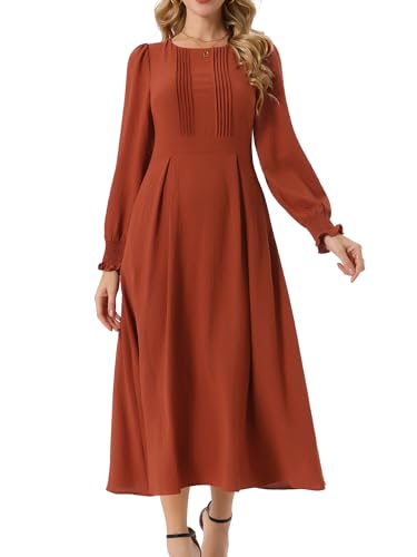 Image of Seta T Women's Fall Dress Frilled Long Sleeve A-Line Casual Midi Dresses | Crewneck, Smocked Cuff, Front Pleated, Pockets, Flowy and Lightweight, Party Elegant Outfit 2026