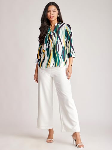 Image of FableStreet Women Shirt Work & Casual | Relaxed Fit Mandarin V-Neck Three-Quarter Sleeves Solid Pattern | Breathable Woven Fabric for Office & Everyday Wear