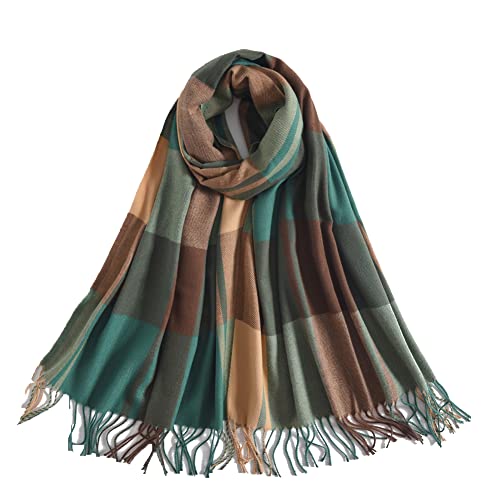 CaptainCrafts Écharpe d'hiver châle pour femme épaissie écharpe chaude à pampilles plaid écharpe en cachemire imitation (Vert foncé) Cover