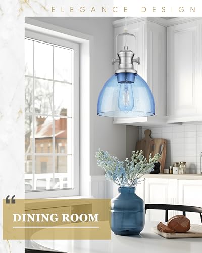 Image of 2-Pack 7.5 inch Brushed Nickel Pendant Lights, Blue Seeded Glass Shade | Farmhouse Vintage Hanging Light Fixtures for Kitchen Island Dining Room, Adjustable Hanging Height, E26 Base, 22151-1P2-SN-BL