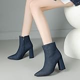 Lizoleor Elegant Heeled Pointed Toe Side Zipper Women Dress Boots High Block Heel Concise Denim Stylish Work Booties Darkblue-DL Size 4.5 UK/38 - Image 6