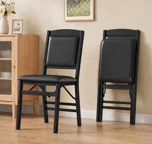 POWERSTONE Folding Chairs Set of 4 with Padded Seat, Foldable Kitchen Dining Chair with Solid Wood Frame, No Assembly Space Saving Design for Home Living Room Small Space (2, Black)