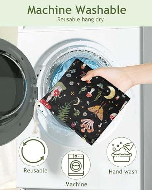 Plastic Bag Holder Organizer - 1 Pack Reusable Canvas Grocery Bags Holder Hanging Wall Cute Aesthetic Shopping Bag Storage Dispenser with Drawstring Closure for Kitchen Home, Mushroom