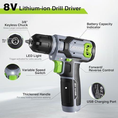 Image of WORKPRO Power Drill Set with Stackable Tool Box, 8V Cordless Drill Driver and Bit Set, 2.0Ah Electric Cordless Screwdriver Kit with 3 /8 inch Keyless Chuck, For Home Repair, DIY