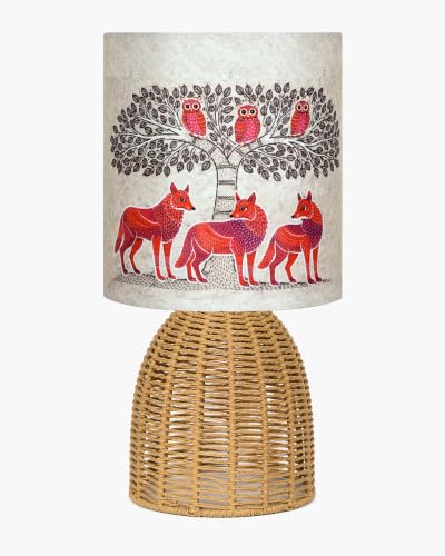 Image of Homesake Handwoven Rattan Table Lamp with Gond Art Printed Fabric Shade, Decorative Raffia Oval Bedside Lamp, Boho Cane Table Lamp with E27 Holder, Living Room & Bedroom Home Decor