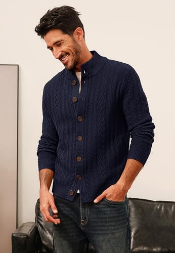 PJ PAUL JONES Mens Cardigan Sweater Button Down Stand Collar Cardigans Long Sleeve Cable Knit Sweaters2