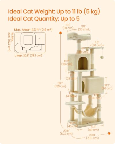 Image of Feandrea Cat Tree, 59.5-Inch Tall Cat Tower, Plush Multi-Level Condo with 5 Scratching Posts, 2 Perches, 2 Caves, Hammock, 2 Pompoms, Beige UPCT192M01