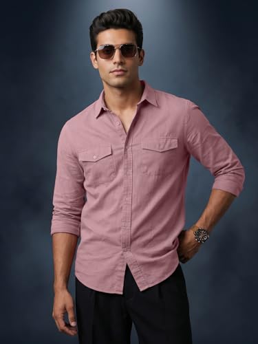 Image of Veirdo Men's Pure Cotton Utility Shirt | Full Sleeve Casual Button-Down with Dual Chest Pockets | Stylish & Comfortable Everyday Wear | Colors: Beige, Black, Maroon, Olive, Rust & White
