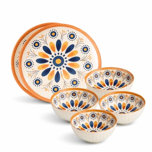 Image of Yelona Ceramic Dinner Set of 6 (2 Plates & 4 Bowls) for Snacks, Rotis, Pasta, Salads & Everyday Meals - Handcrafted Porcelain with Floral Design | Microwave & Dishwasher Safe Dinnerware (Mandala)