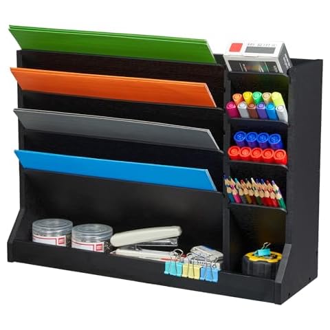 Wooden Wall File Organizer, 4-Tier Vertical Hanging /desktop File Holder with Pencil storage and Bottom Flat Tray for Office Home countertop(Black) Cover