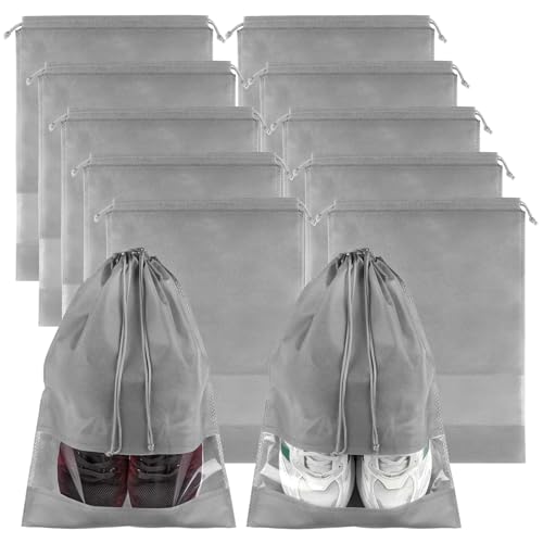 Large Gray Travel Shoe Bags - 10 Pcs with Clear Window, Non-Woven Drawstring, 12.6' X 17.3' for Men Women