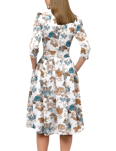 Image of Simple Flavor Women's Floral Vintage Dress Elegant Midi Evening Dress 3 /4 Sleeves