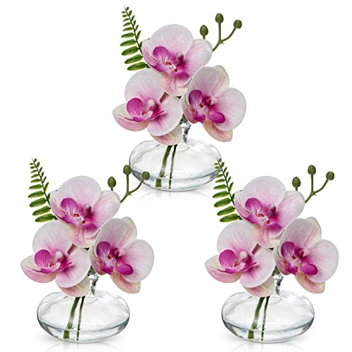 Briful Lot de 3 orchidées artificielles dans un vase en verre, orchidées roses artificielles dans l'eau artificielle pour décoration de salon, salle de...