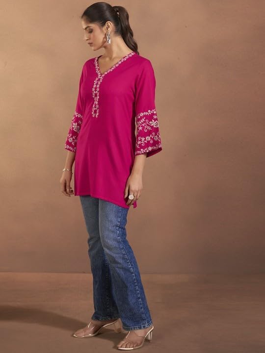 Image of MAHIRA'S Comfort Women's Short Kurti, Rayon Tunic Top with 3 /4 Embroidered Designer Sleeves | Soft Breathable Fabric | Office & Casual Kurti for Jeans, Leggings & Trousers