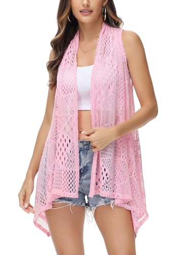 Anna-Kaci Womens Sleeveless Open Front Crochet Shawl Cardigan Bikini Cover Up
