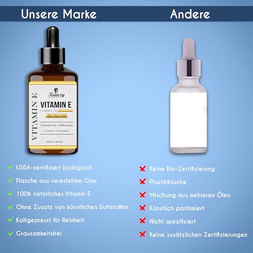 Kanzy Vitamin-E-Öl-Tropfen für Kosmetik, 60 ml, d-Alpha-Tocopherol, Anti-Falten, Anti-Aging, Vitamin-E-Öl gegen alle Arten von Falten, für Haut, Nägel und Haare
