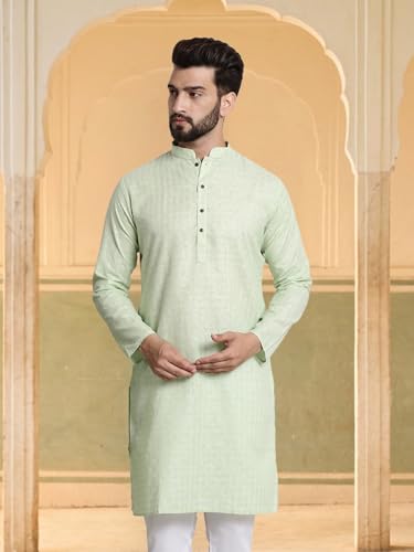 Image of SOJANYA Pastel Green Cotton Blend Kurta with Contrast Button Detailing