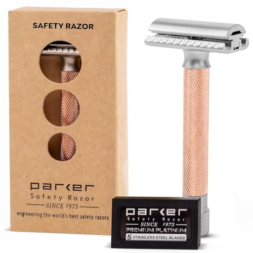 Image of Parker THE VARIANT CLOSED COMB - ADJUSTABLE Double Edge Safety Razor, Customize your Shave with a Turn of the Dial from Mild to Aggressive - 5 Blades Included (ROSE GOLD)