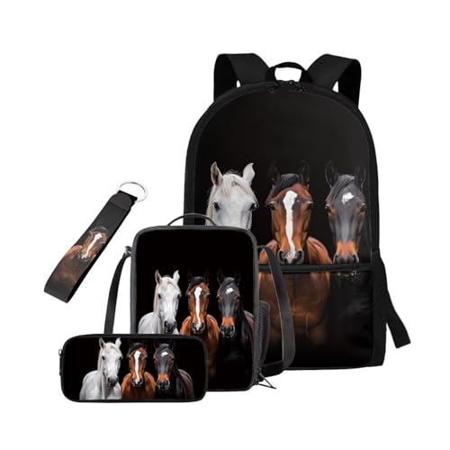 3D Horse Backpack for Teen Girls for Middle School 4 Piece School Bag Set with Lunch Bag Pencil Case Holder Keychain Girls Backpack 10-12 Years Old Casual Travel Bookbag Satchel Laptop Bags