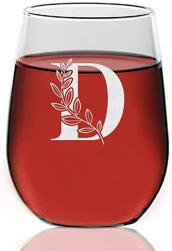 Floral Monogram ' D ' Wine Glass - Letter A-Z Engraved - Stemless Wine Glass - Gifts For Dad - Mother's Day - Gift For Mom - Gifts For Coworkers