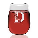 Floral Monogram ' D ' Wine Glass - Letter A-Z Engraved - Stemless Wine Glass - Gifts For Dad - Mothe
