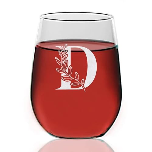 Floral Monogram ' D ' Wine Glass - Letter A-Z Engraved - Stemless Wine Glass - Gifts For Dad - Mother's Day - Gift For Mom - Gifts For Coworkers #TOP3