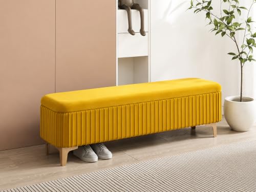Image of LEGACY OF COMFORT Qwen Velvet Upholstered Flip Top Storage Bench 2 Seater Sofa Upholstered Ottoman Bench with Storage for Living Room, Bedroom (Yellow)