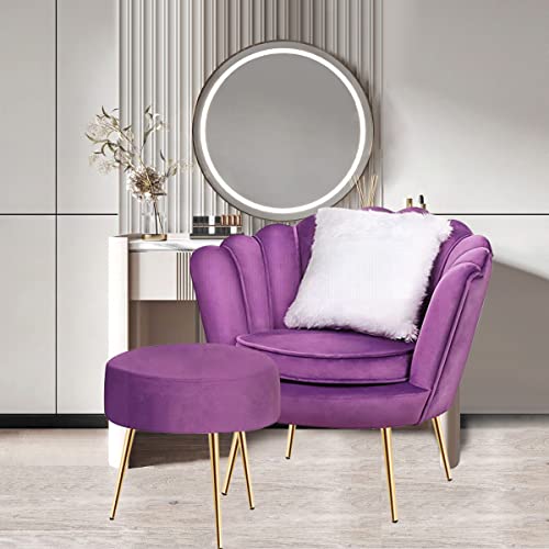 Magshion Modern Scalloped Back Accent Velvet Upholstered Armchair With Golden Legs And Soft Pillow With Footrest For Living Room, Comfy Vanity Chair, Purple #TOP3