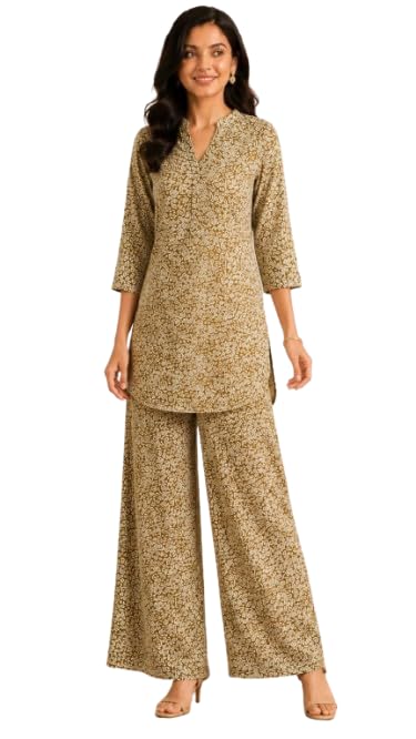 vrs glorious Women's Printed Kurta and Palazzo Co-ord Set, Beige, 3/4 Sleeve, V-Neck, Casual Wear (IN, Alpha, M, Regular)-picture-27