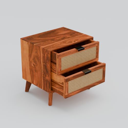 Image of Solid Sheesham Wood Bedside Table with 2 Cane Rattan Drawers | Wooden Nightstand with Spacious Storage (Honey Finish)