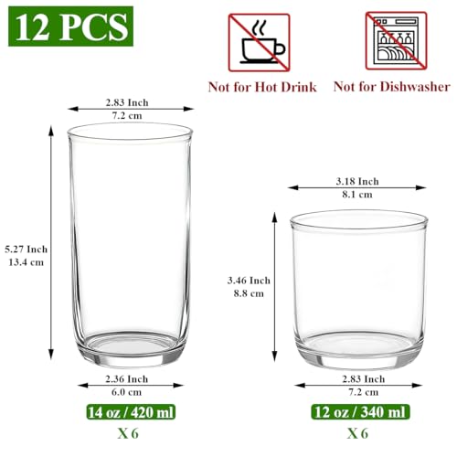 Kyraton Verres à Whiskey Old Fashioned Set de 12, 6 Verres Highball en Plastique PET Transparent 420ml & 6 Verres à Cocktail Whisky 340ml, Tumblers Robustes et Incassables pour Bière, Jus, Lait. – Image 3