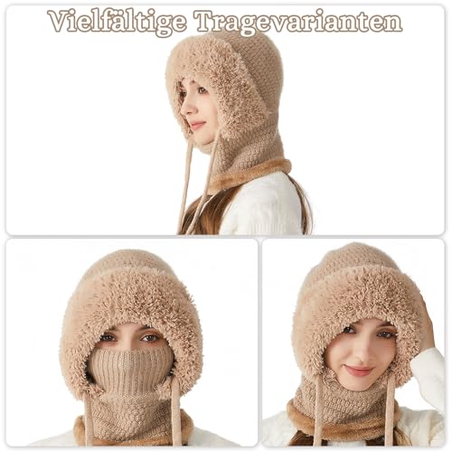 Youkly 3-in-1 Mütze für Damen, Winter Warme Strickmütze mit Schal & Gesichtsmaske, Damen Strick-Balaklava Winddichte Wintermütze für Outdoor Skifahren, Wandern, Wintergeschenk, khaki, Einheitsgröße