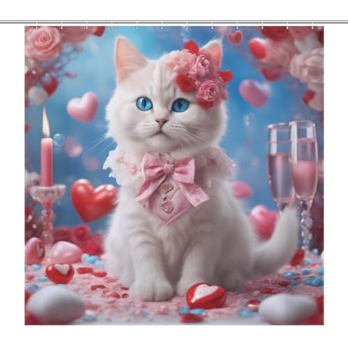 Rideau de douche lavable anti éclaboussure tissu polyester chat mignon - 7