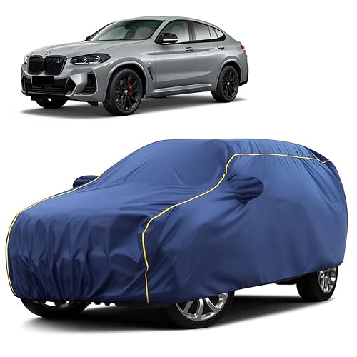 Image of Sulfar 100% Water Resistant Car Body Cover Compatible with Mirror for BMW X4 (Triple Stitched, Full Bottom Elastic, Blue Taffeta with Yellow Piping)