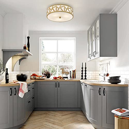 Hopejoy 3-Light Flush Mount Ceiling Light, 13 Inch Drum Ceiling Light Fixture In Champagne Gold Finish, Lighting Fixtures Ceiling For Kitchen Bedroom Bathroom, Metal Frame And Acrylic Shade #TOP4