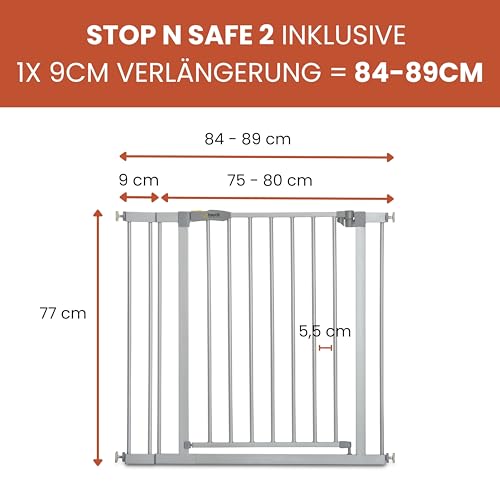 2. Bild von hauck Stop N Safe 2, Silber – Schutzgitter Treppe und Tür 84–89 cm – Kindersicheres Absperrgitter ohne Bohren – Manuelle 1 Hand Öffnung – nur für Innen - Auch für Hunde 84 - 89 cm