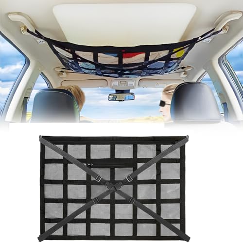 WUSJCOF Red Coche de Doble Capa, Almacenamiento en Techo para Mantas y Ropa, Accesorios de Camping para SUV, Furgoneta Camper y Roadtrips, Organizador de Red para Cuatro Asas de Techo (90 x 65 cm)