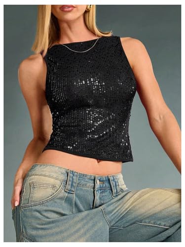 WDIRARA Women's Sequin Sparkly Tank Top Sleeveless Fitted Going Out Crop Tops4
