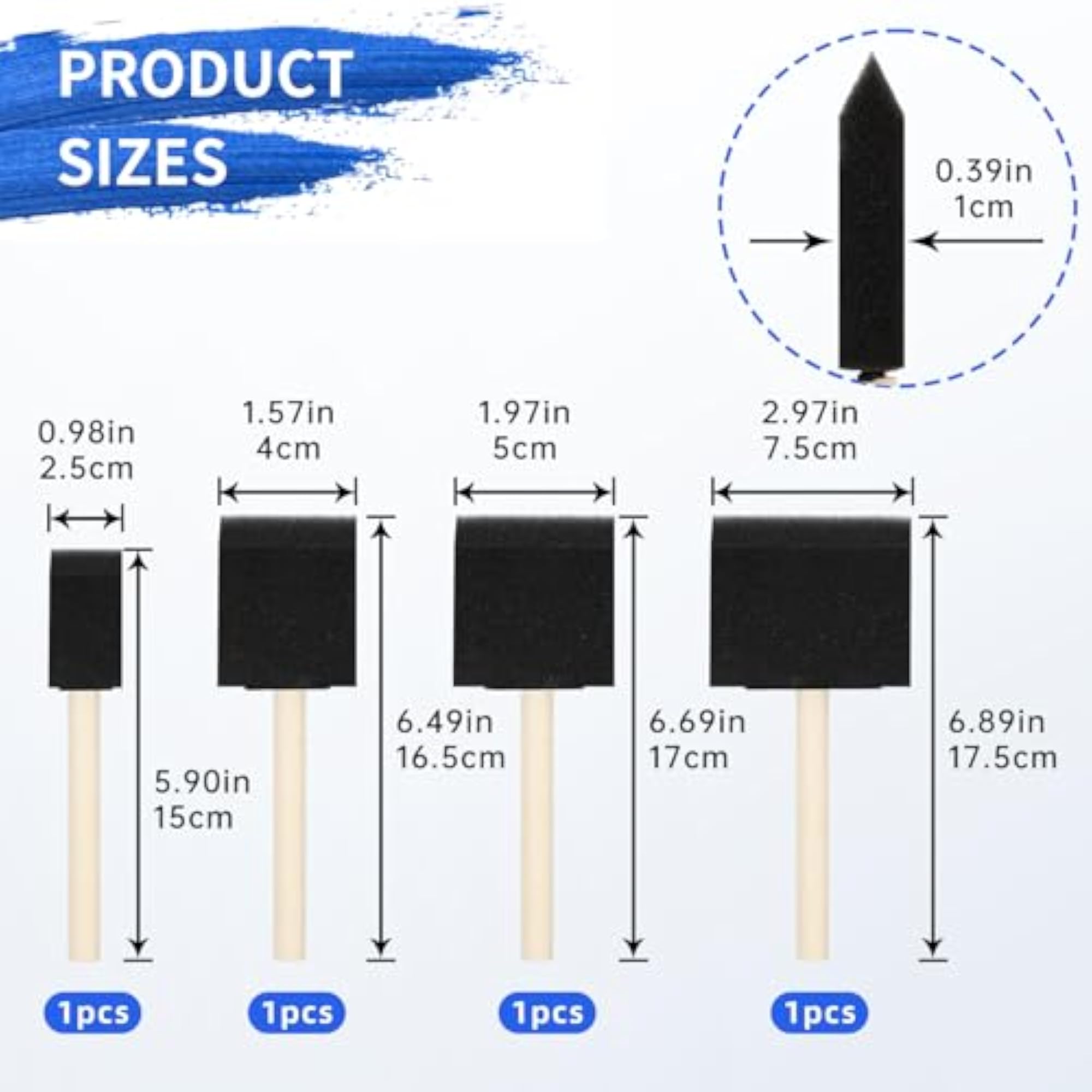 4 PCS Foam Paint Brushes Set, 1" to 3" with Wooden Handle
