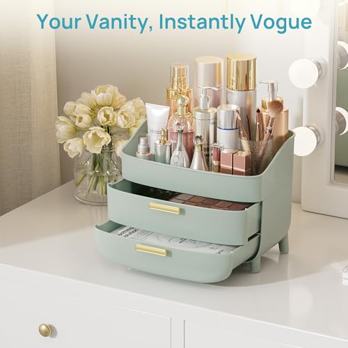 Image of Vtopmart 3-Tier Skincare Makeup Organizer with Drawers, Green | For Vanity and Bathroom Countertop, with Drawers, Large Cosmetic Storage Box Case, , Non-Slip Base