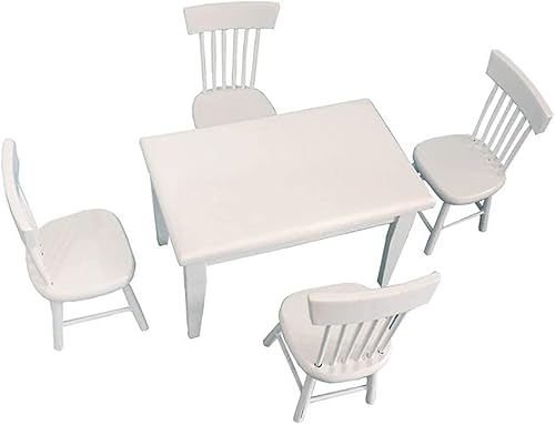 Miniatura 2 de Accesorios de decoración de casa de muñecas, 112 muebles en miniatura de madera blanca mesa de comedor silla modelo conjunto