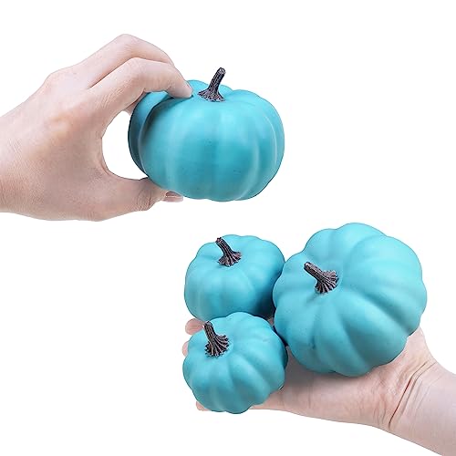 12 Pcs Assorted Small Artificial Teal Pumpkins Decorative Halloween Pumpkins Foam Pumpkins for Halloween Teal Pumpkin Project Thanksgiving Coastal Fall Wedding Table Centerpiece Mantel Décor