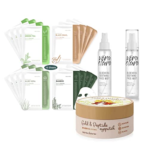 Veraclara] After Day Work Skin Care Bundle - Prime Facial Mask(Snail, Bamboo, Aloe, Green Tea), Eye Gel Patch(30 Pairs), Aloe Soothing Mist #TOP7