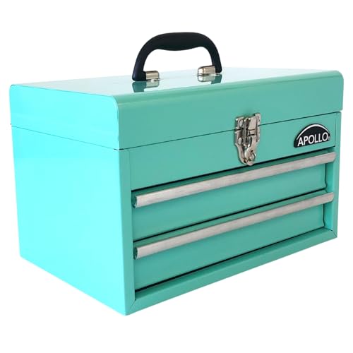 Apollo Tools 14 Inch Steel Tool Box with Deep Top Compartment and 2 Drawers in Heavy-Duty Steel With Ball Bearing Opening and Powder Coated Finish - Aqua Green - DT5010-GR